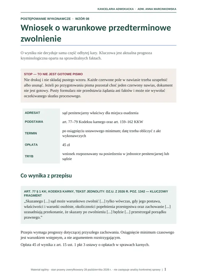 Podgląd pierwszej strony: Wniosek o warunkowe przedterminowe zwolnienie