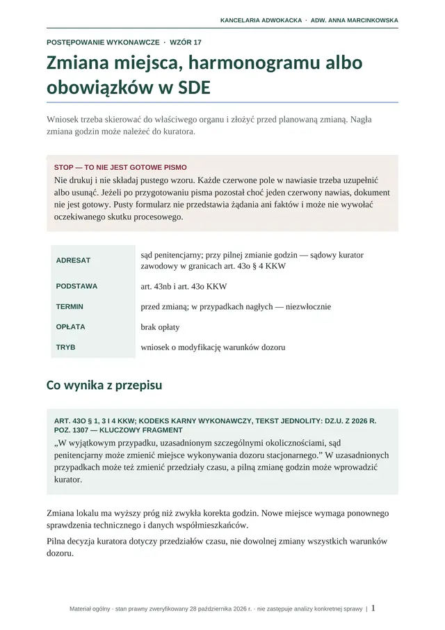 Podgląd pierwszej strony: Wniosek o zmianę miejsca, harmonogramu albo obowiązków w SDE