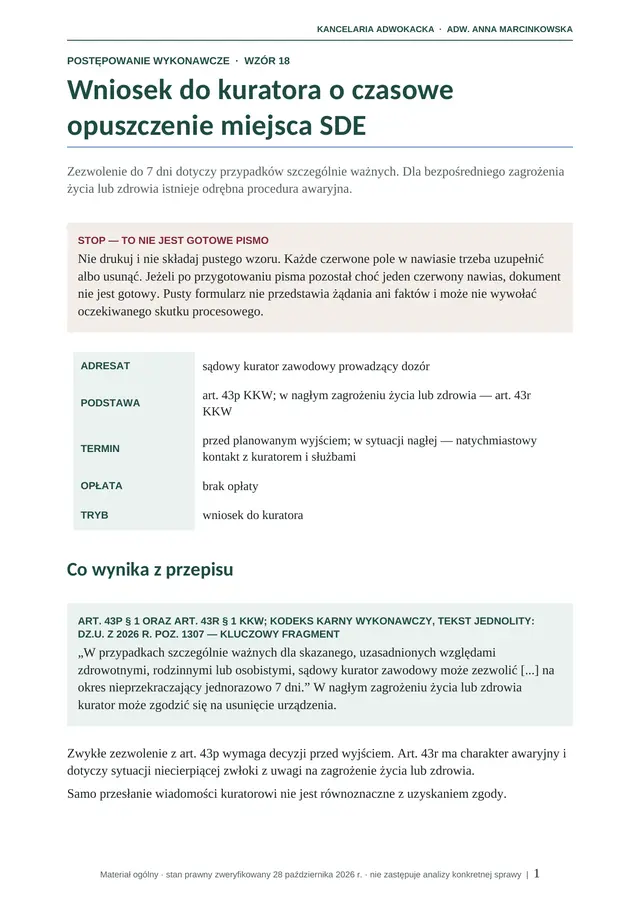 Podgląd pierwszej strony: Wniosek do kuratora o czasowe opuszczenie miejsca SDE