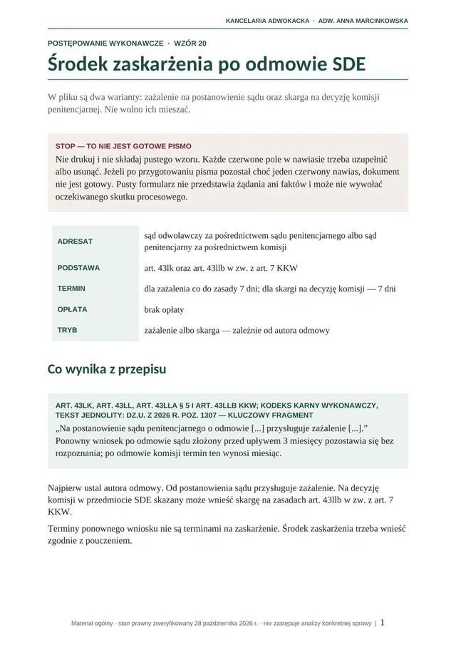 Podgląd pierwszej strony: Środek zaskarżenia po odmowie SDE