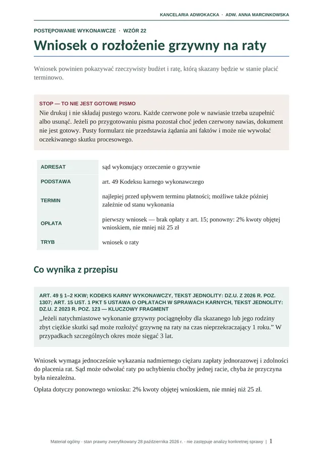 Podgląd pierwszej strony: Wniosek o rozłożenie grzywny na raty
