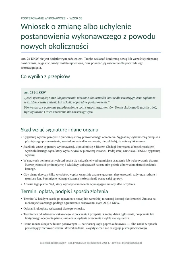 Podgląd pierwszej strony: Wniosek o zmianę albo uchylenie postanowienia wykonawczego z powodu nowych okoliczności