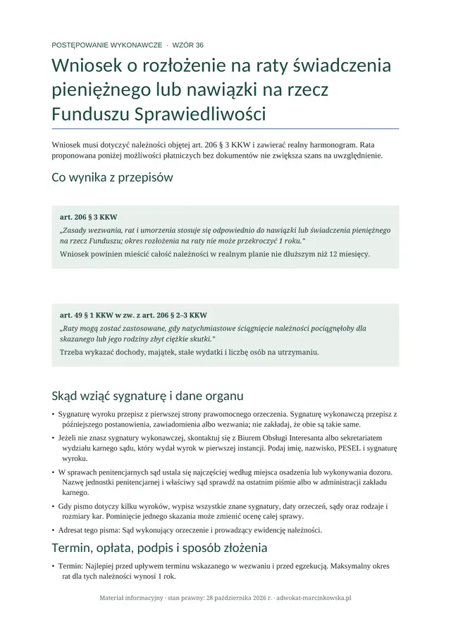 Podgląd pierwszej strony: Wniosek o rozłożenie na raty świadczenia pieniężnego lub nawiązki na rzecz Funduszu Sprawiedliwości