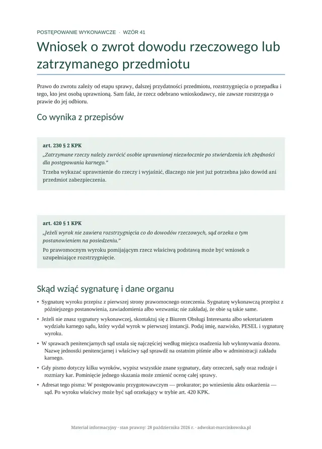 Podgląd pierwszej strony: Wniosek o zwrot dowodu rzeczowego lub zatrzymanego przedmiotu