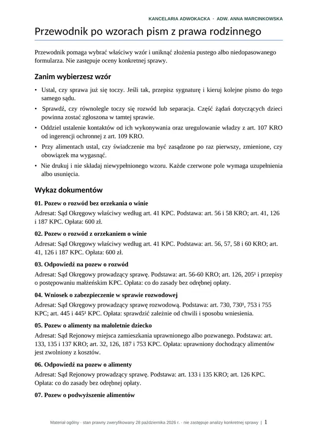 Pierwsza strona przewodnika do wzorów pism z prawa rodzinnego